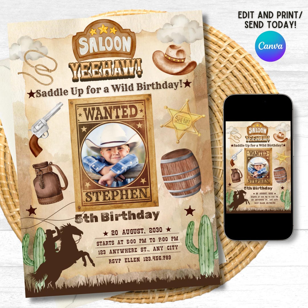 Cowboy Birthday Invitation, Editable Canva Template, Wild West Party ...