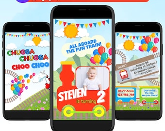 Video jongen verjaardagsuitnodiging trein | Geanimeerde uitnodiging Choo Choo spoorwegfeest | Bewerkbare canvassjabloon | Verjaardagsuitnodiging voor kinderen met foto