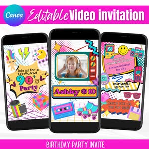 90er Jahre Video-Einladung, Totally Rad Geburtstag animierte Einladung, Retro 1990er Party, bearbeitbare Canva Vorlage, digitale Einladung, Nostalgie-Thema