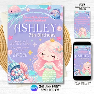 Mermaid Birthday Invitation, Under the Sea Party Invite, Digital & Printable Kids Birthday Invitation, Editable Canva Template