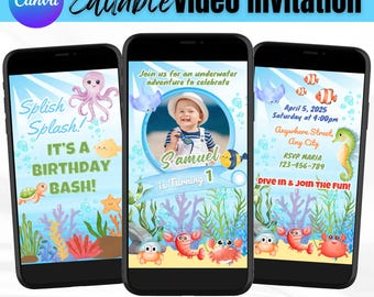 Under the Sea Birthday Video Invitation | Editable Canva Boy Ocean Party Invite with Photo | Dive In Splish Splash Octopus Crab Seahorse Sea