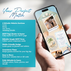 May include: A smartphone screen displaying a beach-themed wedding website template with the text Your Perfect Match, featuring photos of a couple, seashells, a starfish, and palm tree illustrations, alongside a list of editable website features.