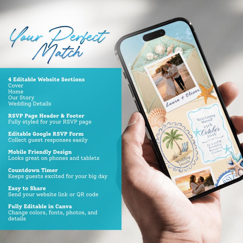 May include: A smartphone screen displaying a beach-themed wedding website template with the text Your Perfect Match, featuring photos of a couple, seashells, a starfish, and palm tree illustrations, alongside a list of editable website features.