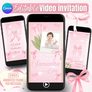 Coquette Birthday Video Invitation: Pink Bow Animated Party Invite (Canva Download)