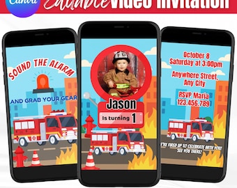 Firetruck Birthday Video Invitation, Sound the Alarm Theme, Fireman Party, Animated Boy Invite, Editable Canva Template, Mobile Evite