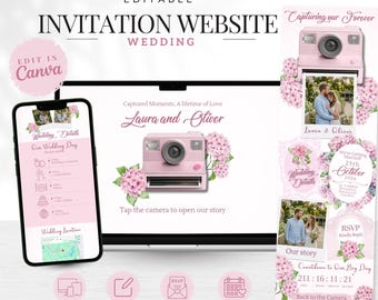 May include: An editable wedding invitation website template featuring a pink instant camera graphic, floral accents, and text including "Capturing our Forever," "Laura and Oliver," and "Wedding Details." The design is displayed on a smartphone and a vertical layout.