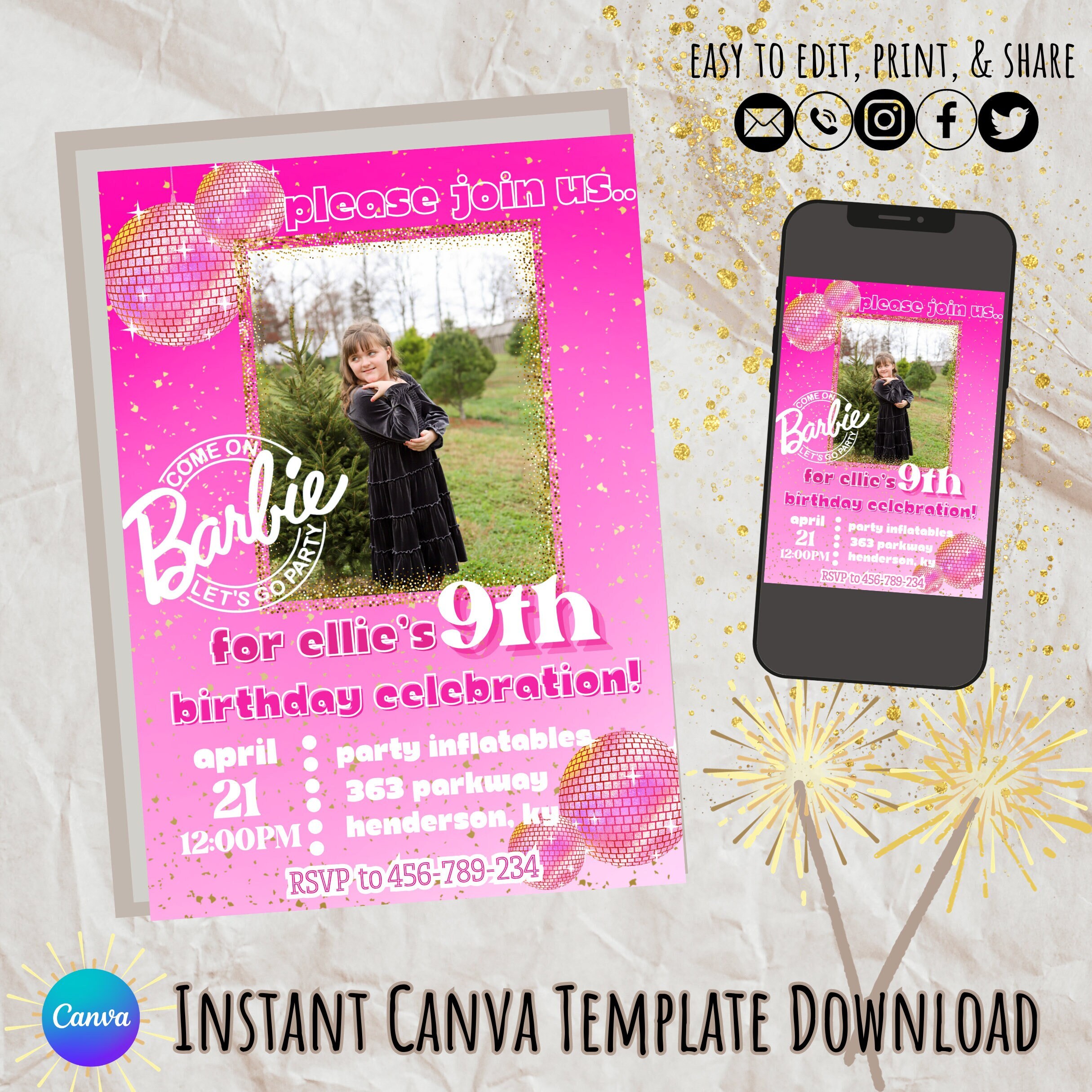 Editable Barbie Birthday Invitation Template Canva Editable Birthday Invitation Barbie Birthday Party Invitation Come on