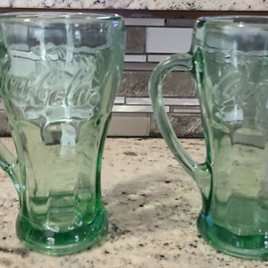 Vintage Coca Cola Libbey Green Glass Mugs With Handle Set of 2