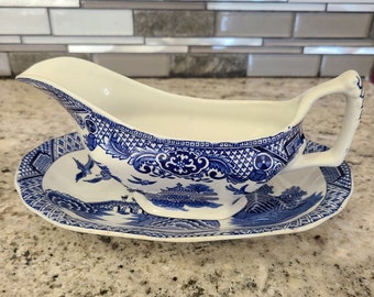 Woods&Sons England Blue Willow gravy boat and platter