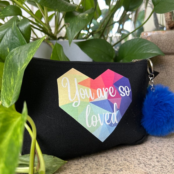 You Are So Loved, Rainbow Heart Zipper Make Up Bag, Cosmetic Bag, Toiletry Bag, Pencil Pouch, Includes 7 Color Option For Faux Fur Pom Pom