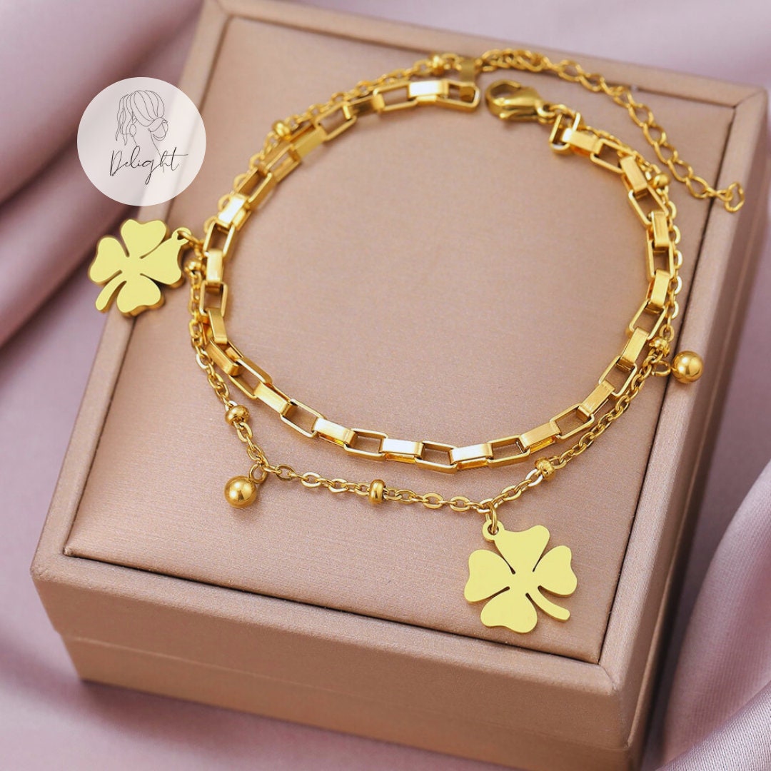 Double Layer Clover Bracelet,18k Gold Waterproof Clover Bracelet,mop ...