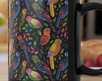 Colorful Parrots Mug | Black 15oz | contemporary art | Bird lover