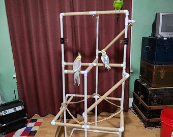 Ultra Deluxe XL Parrot Play Gym Kit 4'11”, Upholstered perches, PVC Bird Playstand, Climbing Ramps, Braided Perch, No work, Assemble at home