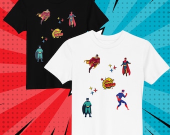 Camiseta de superhéroe para niños, camiseta de fanático de los cómics, camiseta de arte de dibujos animados, superhéroes,