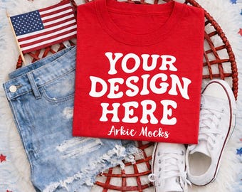 Comfort Colors C1717 RED Folded Flat Lay 4th of July Mockup, Patriotic Summer Mock