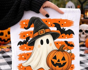 Halloween Ghost and Pumpkin Spooky Season Tshirt Png Design, Fall Digital Download