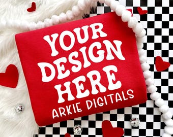 Trendy Gildan G180 Red Valentine's Day Mockup, Hand Held Red Crewneck Flat lay Mockup, Gildan Red Folded Mockup, Checkered Background