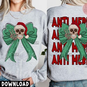 ANTI MERRY SKULL Christmas Png, Never Merry Always Scary Christmas Design, Anti Christmas Png, Skull Santa Claus Png, Christmas Coquette Bow