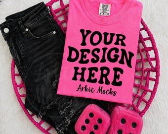Trendy Comfort Colors C1717 NEON PINK Folded Flat Lay, Hot Pink Fuzzy Dice Unique Mock
