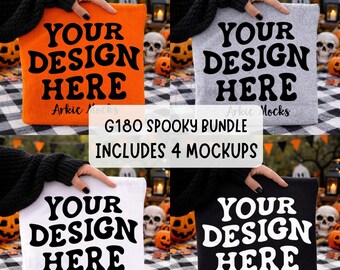 Spooky Gildan G180 Folded Handheld Halloween Mockup Bundle, G180 Orange, White, Black, Sport Grey
