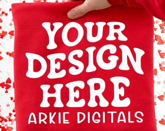 Trendy Gildan G180 Hand Held Red Valentine's Day Mockup, Hand Held Red Crewneck Flat lay Mockup, Gildan Red Folded Mockup, Heart Background