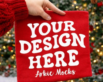 Gildan G180 RED Trendy Christmas Handheld Mockup, Folded Holiday Crewneck Mock, Whole Shop