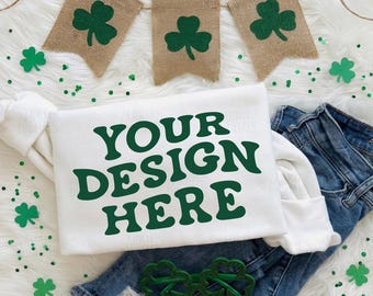Trendy Gildan G180 White St Patrick's Day Flat lay Mockup, Gildan White Crewneck Mockup, Folded Gildan Mockup, St Paddy's Day Mock