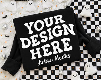 Trendy Gildan G180 Black Halloween Flat Lay Mockup, Folded Black Mockup, Spooky Season Mockup, Pumpkin Fall Gildan Mockup, Whole Shop