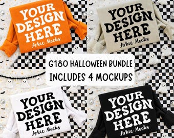 Gildan G180 Trendy Halloween FLAT LAY Mockup Bundle, Folded Sand Mockup, Spooky Season Mockup, G180 Sand, White, Orange, Black Mockup