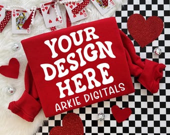Trendy Gildan G180 Red Valentine's Day Mockup, Hand Held Red Crewneck Flat lay Mockup, Gildan Red Folded Mockup, Checkered Background, Cards