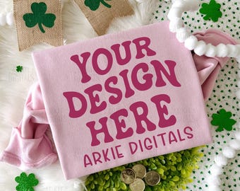 Trendy Gildan G180 Light Pink St Patrick's Day Flat lay Mockup, Gildan Pink Crewneck Mockup, Folded Gildan Mockup, St Paddy's Day Mock
