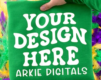 Trendy Gildan G180 Irish Green Mardi Gras Flat Lay Mockup, Hand Held Mockup, Green Crewneck Mockup, Colorful Gildan G180 Mockup