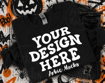 Unique Gildan G180 BLACK Halloween Flat Lay Mockup, Fall Season Styled Mockup