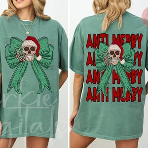 ANTI MERRY SKULL Christmas Png, Never Merry Always Scary Christmas Design, Anti Christmas Png, Skull Santa Claus Png, Christmas Coquette Bow