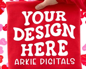 Trendy Gildan G180 Red Valentine's Day Mockup, Hand Held Red Crewneck Flat lay Mockup, Gildan Red Folded Mockup, Heart Background