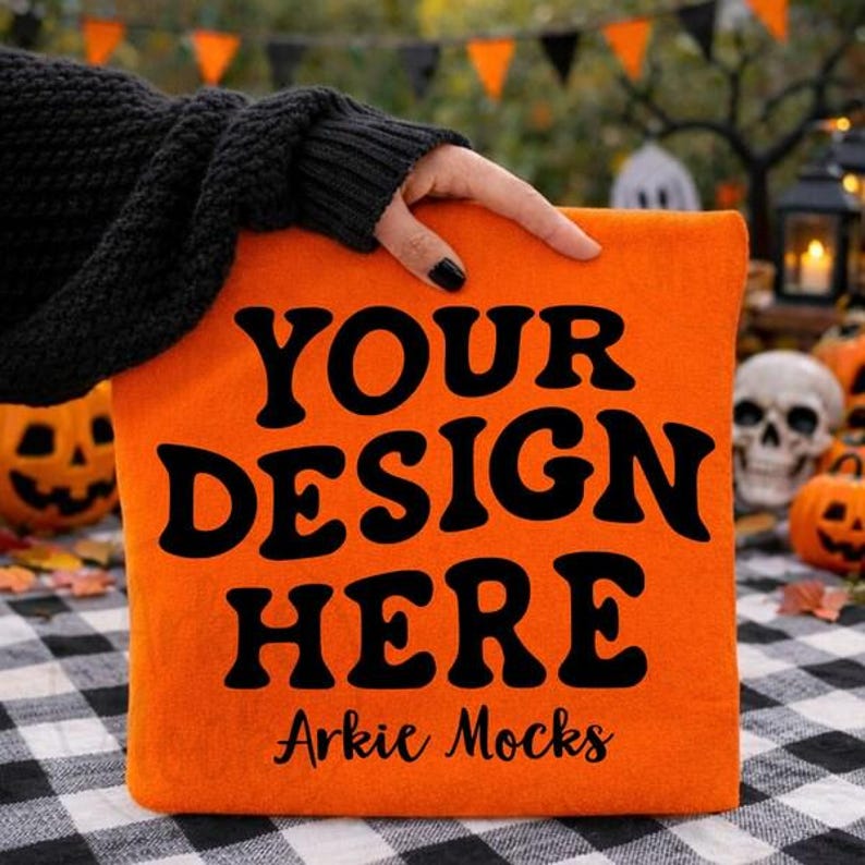 Spooky Gildan G180 Folded Handheld Halloween Mockup Bundle, G180 Orange ...