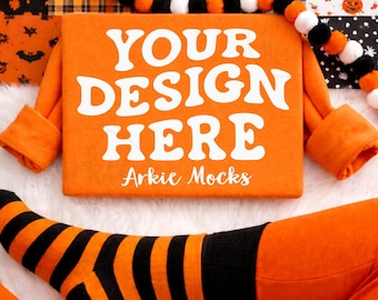 Spooky Gildan G180 Orange Folded Flat lay Halloween Mockup, Whole Shop bundle