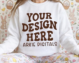 Trendy Gildan G180 White Easter Model Mockup, Folded White Mockup, Easter White Crewneck Mockup, Colorful Gildan G180 Mockup