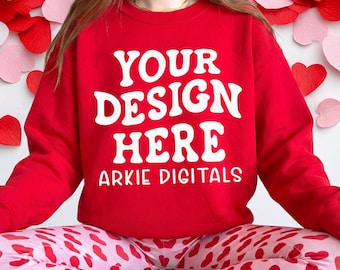 Trendy Gildan G180 Red Valentine's Day Model Mockup, Red Crewneck Model Mockup, Gildan Folded Mockup, Heart Background, Red Gildan Mockup