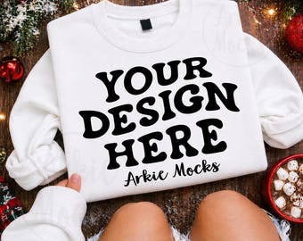 Gildan G180 WHITE Flat Lay Neutral Christmas Mockup, Folded Holiday Crewneck Mock, Whole Shop