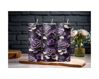 Rosas moradas y negras, vaso flaco de 20 oz, estilo de corte de papel, diseño de sublimación, descarga digital instantánea PNG, recto