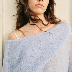 Puede incluir: Un suéter azul claro con hombros descubiertos. El suéter tiene un tejido suelto y aireado y se usa sobre una camiseta sin mangas blanca. La modelo tiene el pelo largo y ondulado de color marrón y está apoyada contra una pared de color neutro.