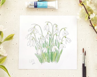 May include: A watercolour painting of a cluster of white snowdrop flowers with green stems and leaves. The painting is signed "C.I.T. 2022".