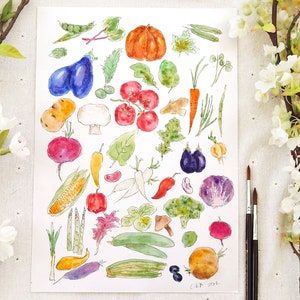 Original Aquarell Gemälde: Botanische Illustration, Bauernhof Kunst