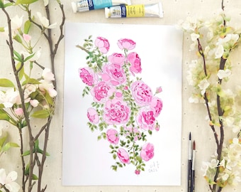 Ręcznie malowana akwarela z różową różą: ilustracja botaniczna, sygnowany oryginał