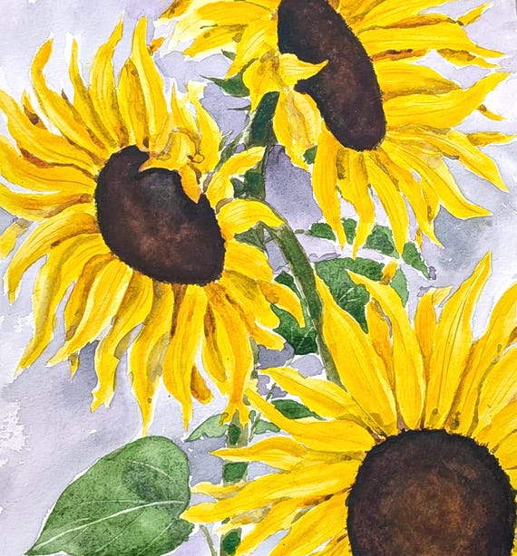 水彩 黄色いひまわりの絵 ロシア ひまわりの絵 野原の絵 風景画 水彩画の