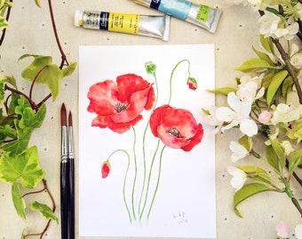 Red poppy painting, Botanical painting,floral painting,  original painting, watercolour painting, Flower Painting, Botanical Illustration,