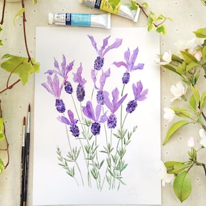 Original Watercolor Lavender Painting: Botanical Illustration, Purple Floral Art