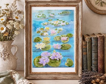 手描きの紫色の睡蓮の水彩画：オリジナルの花と植物のアート - Etsy 日本