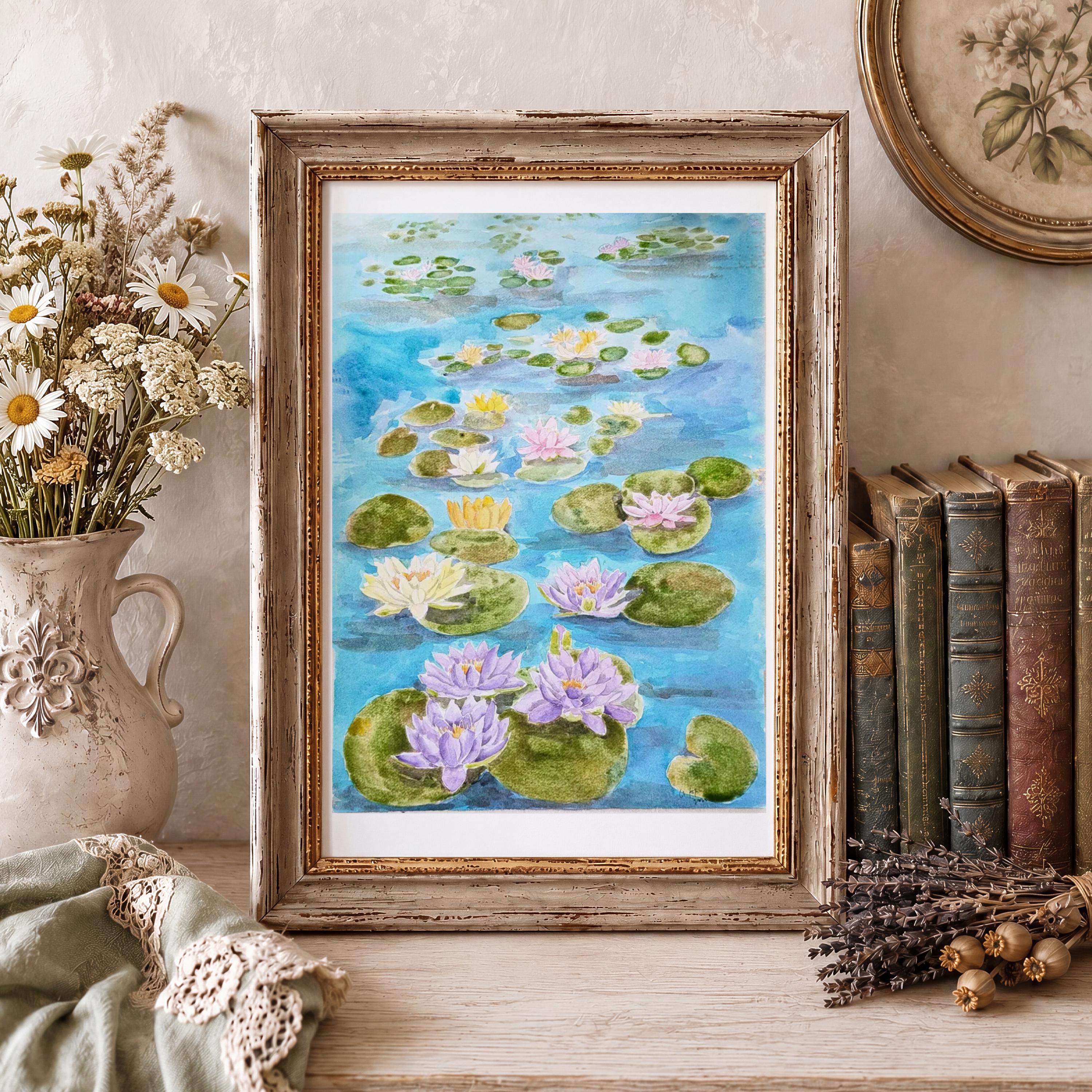 手描きの紫色の睡蓮の水彩画：オリジナルの花と植物のアート - Etsy 日本